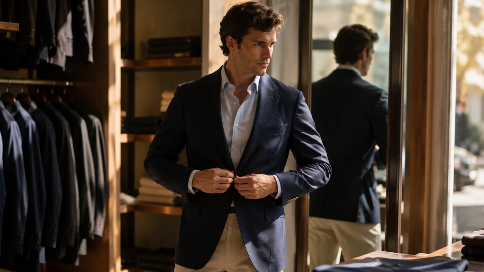 Old Money wardrobe essentials including loafers, navy blazer, chinos, polo shirt, leather belt, dress watch, and sunglasses