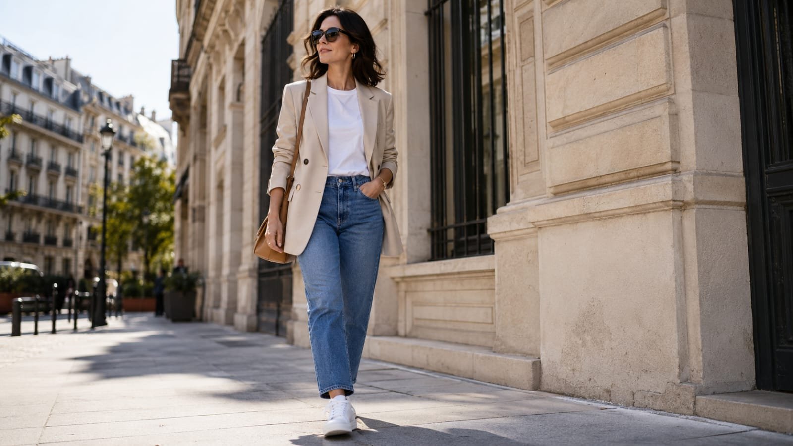 A stylish woman walking down a European cobblestone street wearing a beige blazer, white t-shirt, blue jeans, and minimalist white sneakers