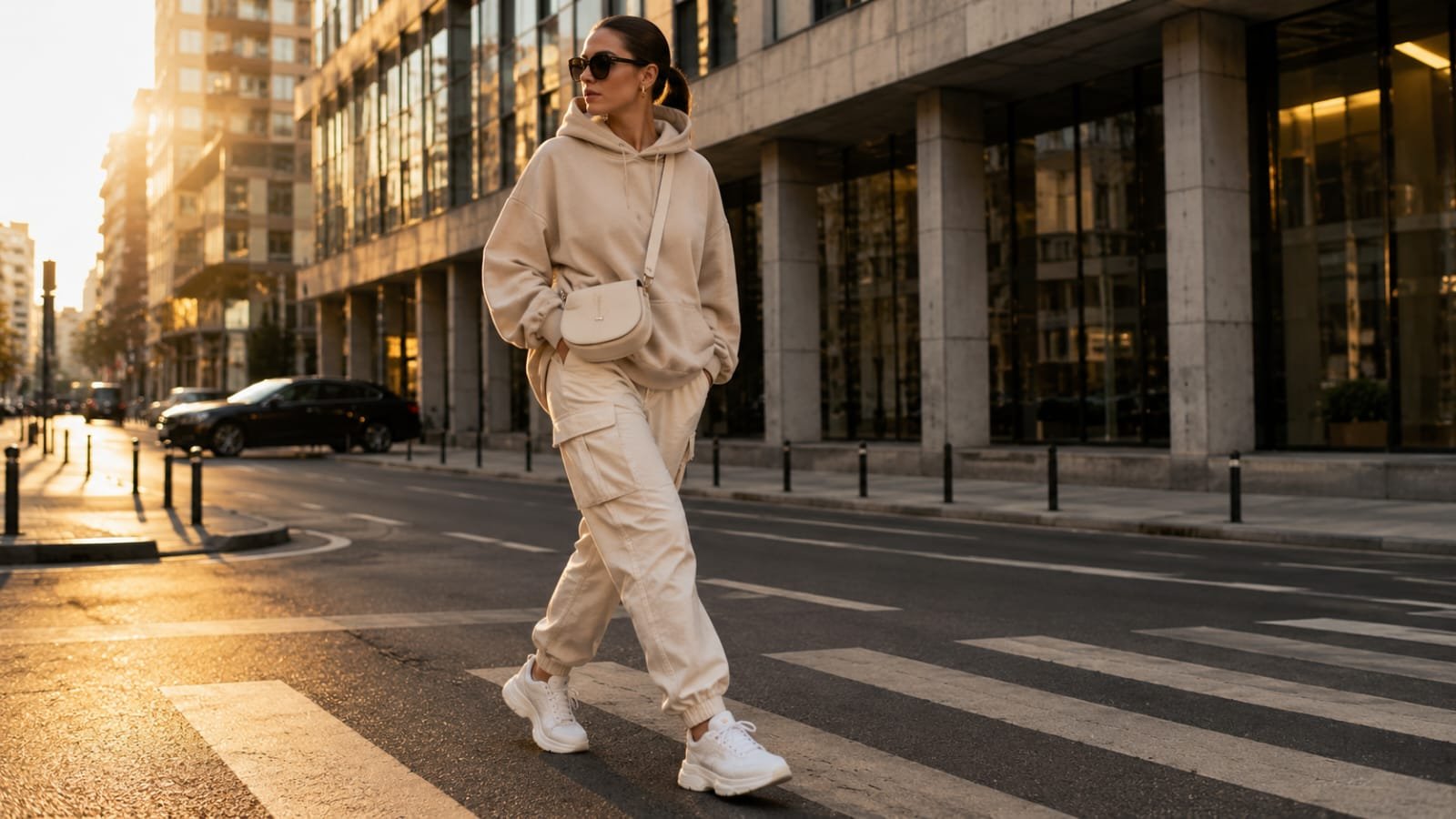 Stylish woman in chunky white sneakers walking on a city street at golden hour.