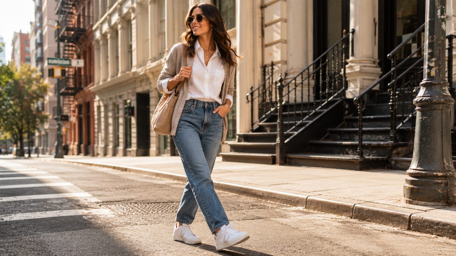 Woman wearing white Reebok Club C 85 sneakers with jeans and a white shirt on a sunny city street.