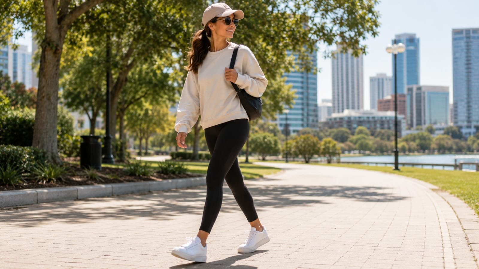 Woman wearing white Puma Carina sneakers with leggings and an oversized sweatshirt walking in a sunny urban park.