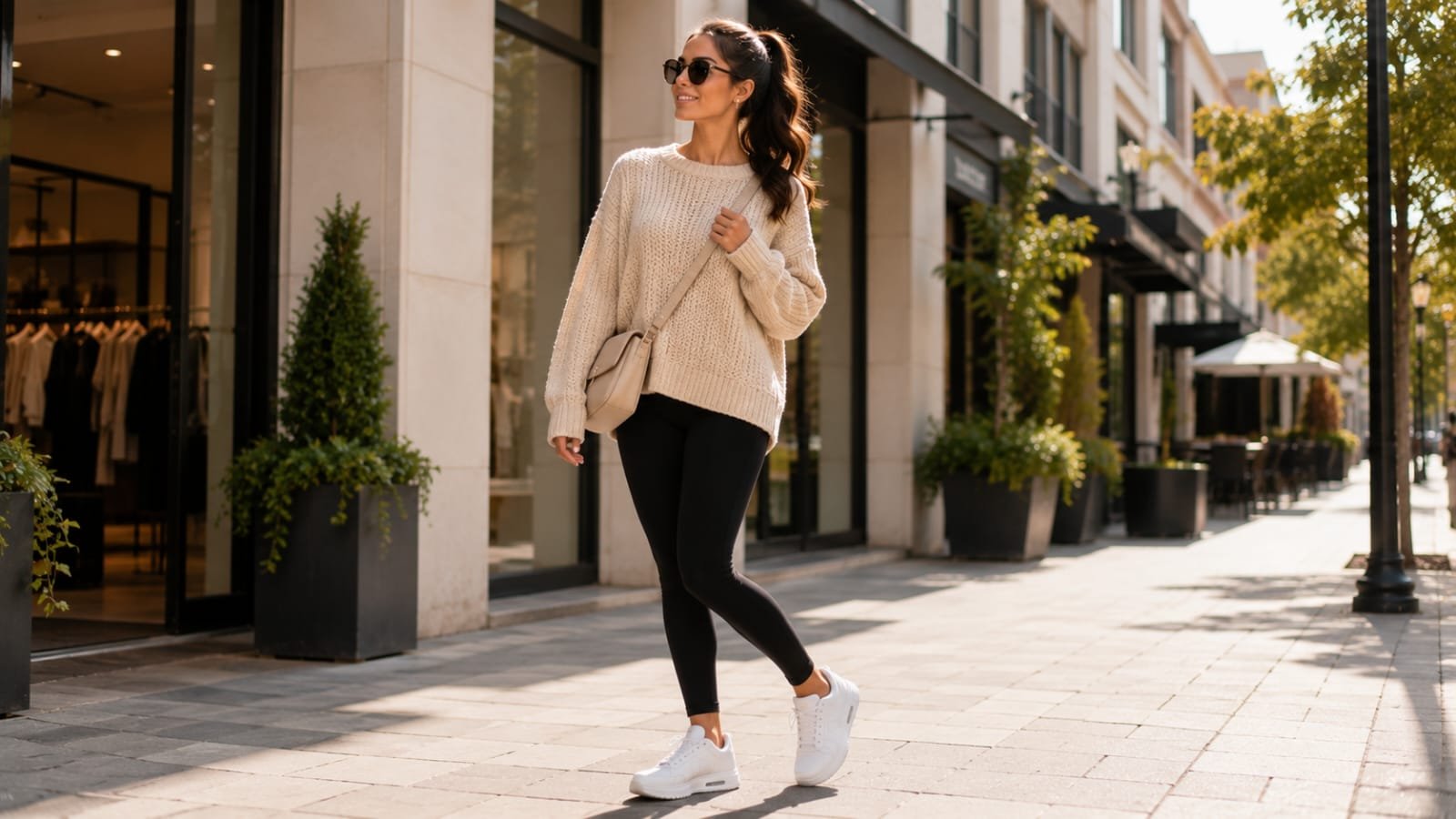 Woman wearing white Skechers Uno sneakers with black leggings and a knit sweater in a modern shopping district.