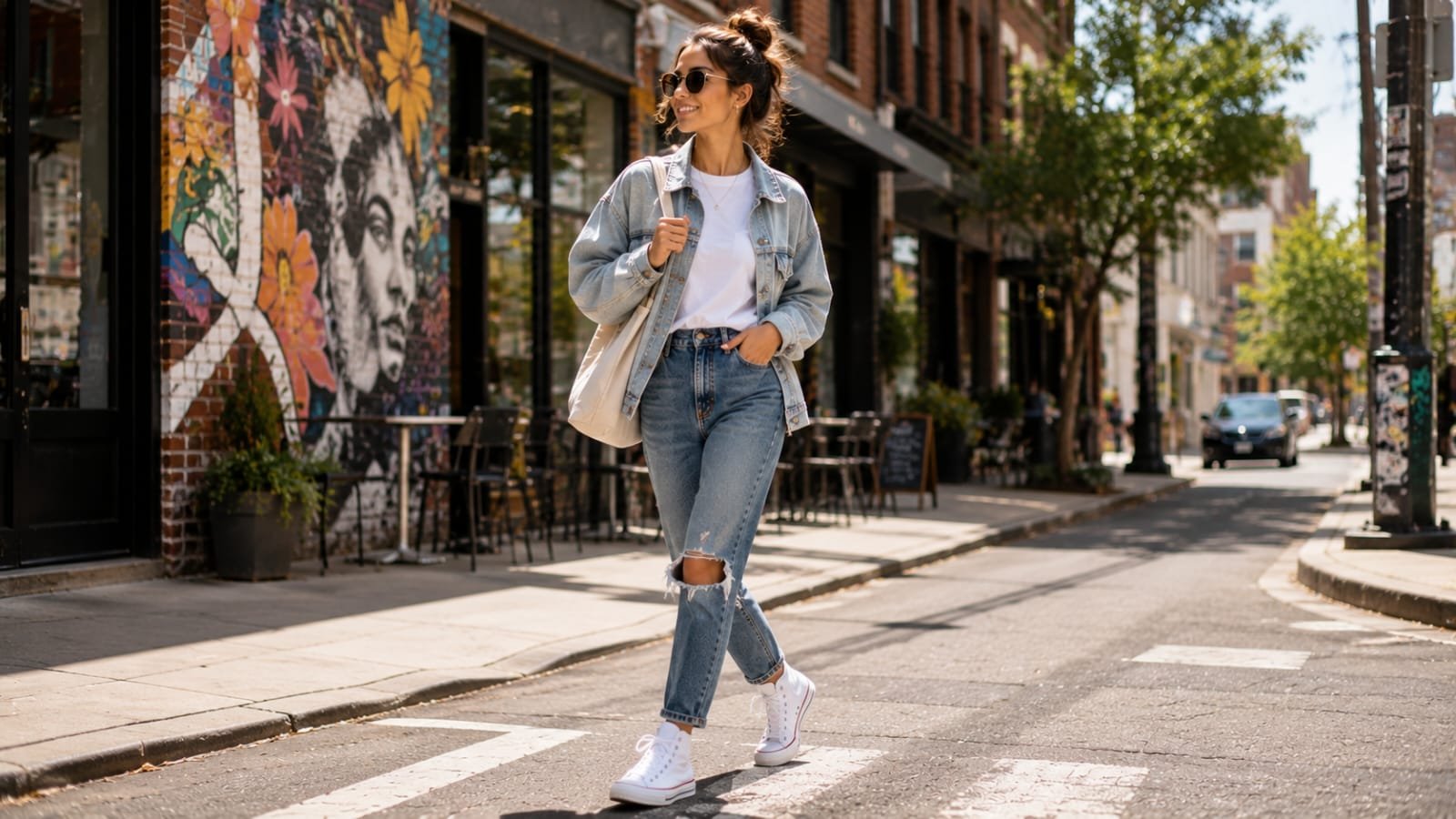 Woman wearing white Converse Chuck Taylor All Star sneakers with ripped jeans and a denim jacket on a city street.