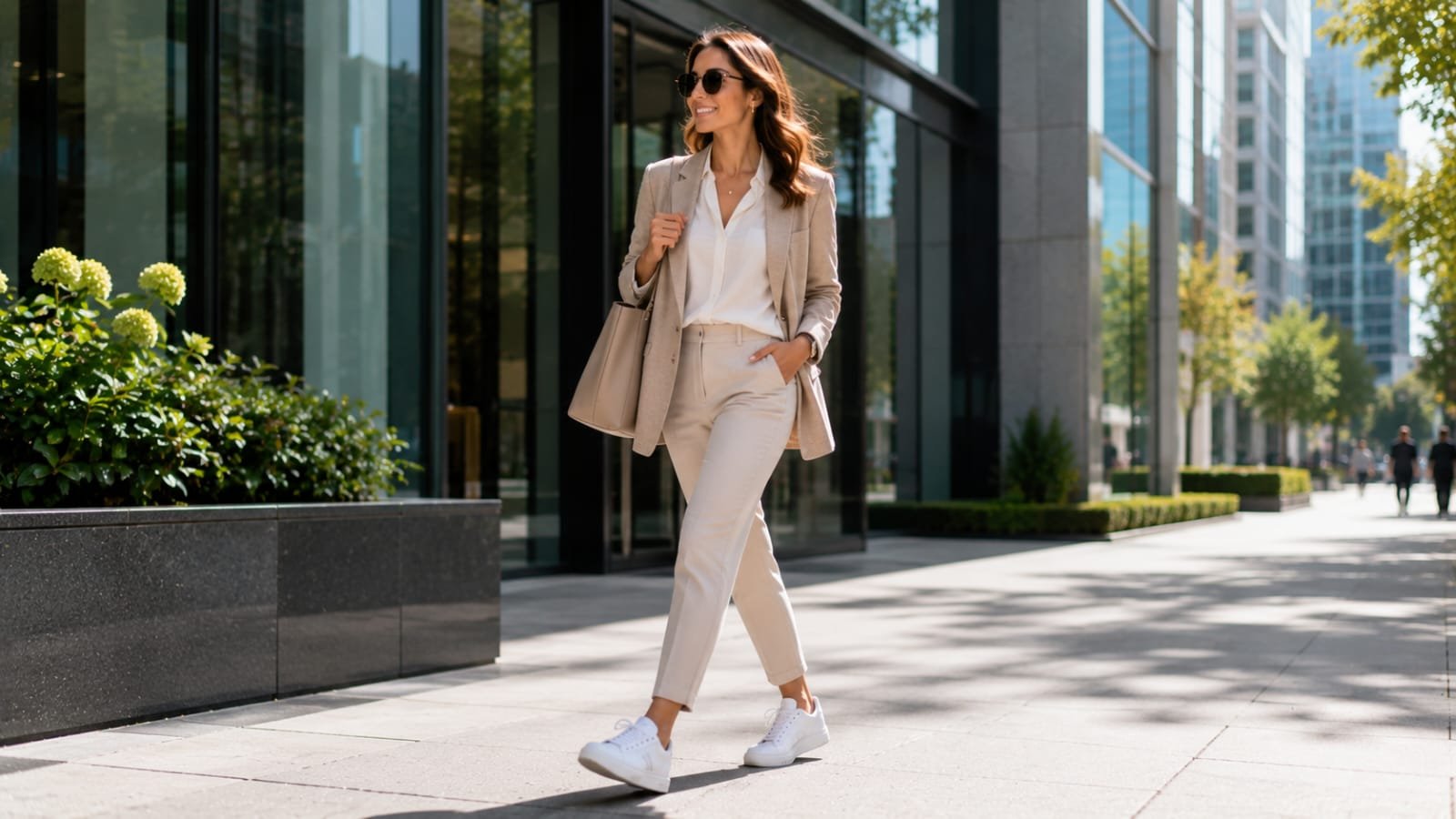 Professional woman wearing white Cole Haan GrandPrø sneakers with tailored trousers and a blazer in a modern business district.
