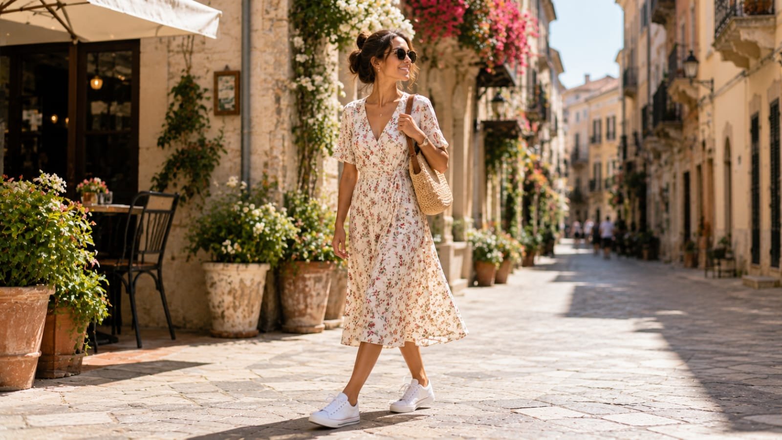 Woman wearing white Superga 2750 Cotu Classic sneakers with a floral dress walking along a charming European street.