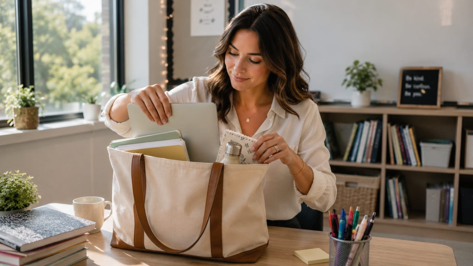 Teacher organizing lesson plans and a laptop inside a spacious tote bag in a modern classroom