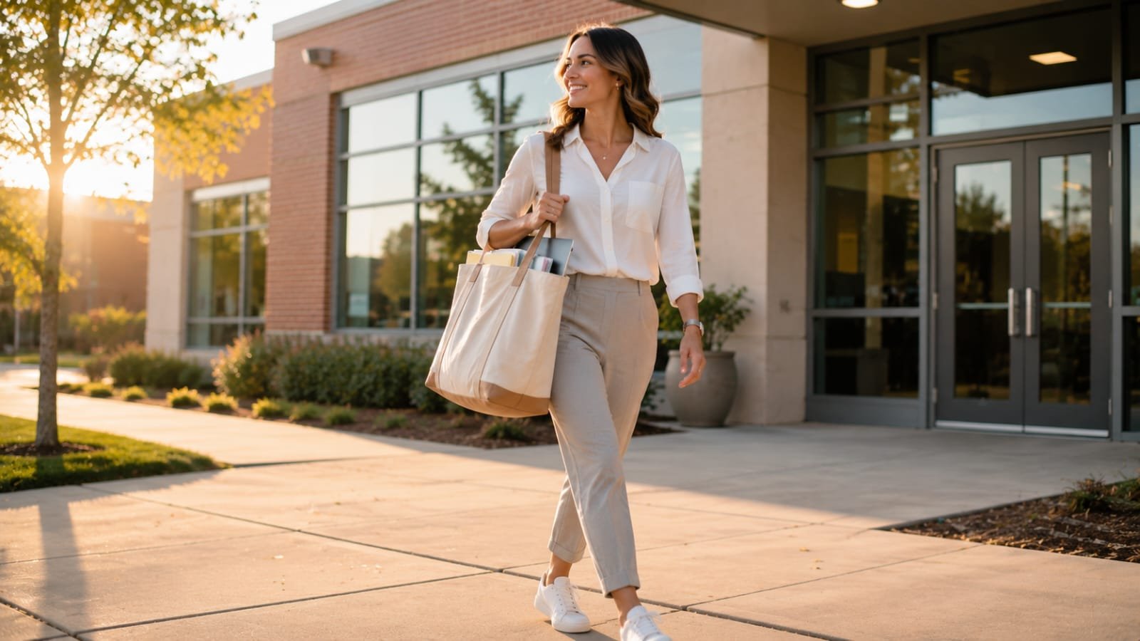 Professional teacher carrying a spacious canvas tote bag after a busy school day