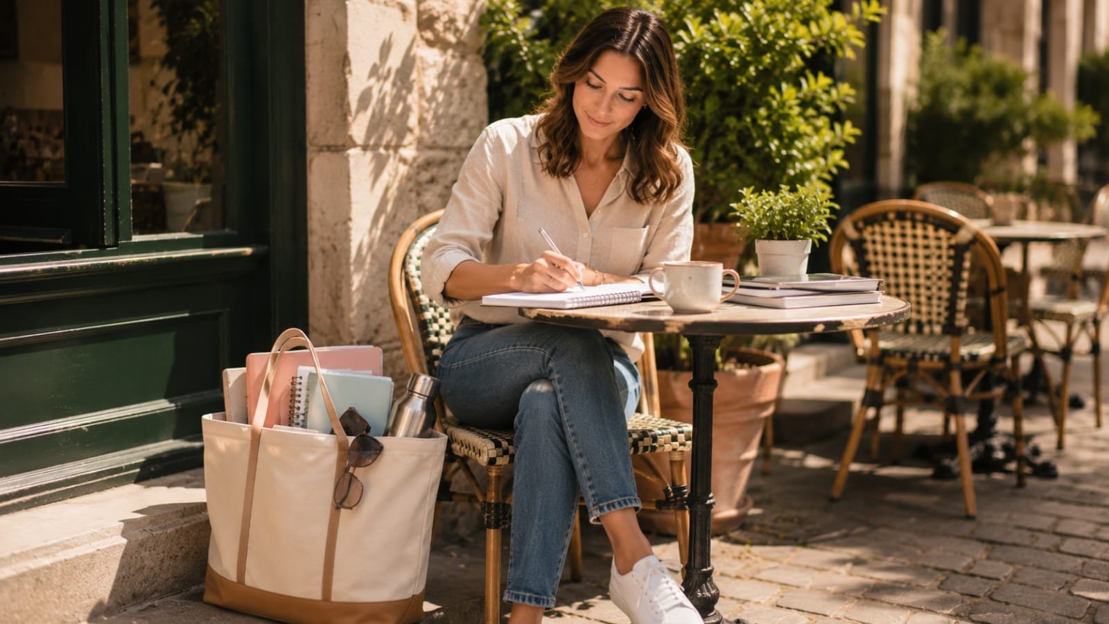 Teacher relaxing at an outdoor café with a spacious canvas tote bag after school