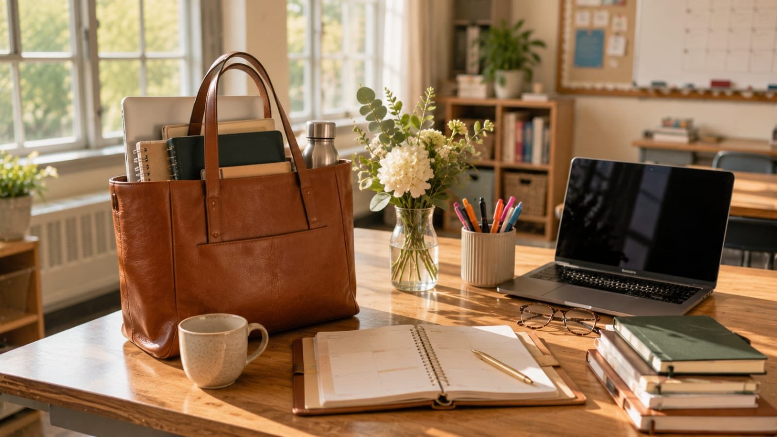 Premium teacher workspace with an elegant leather tote bag and everyday classroom essentials