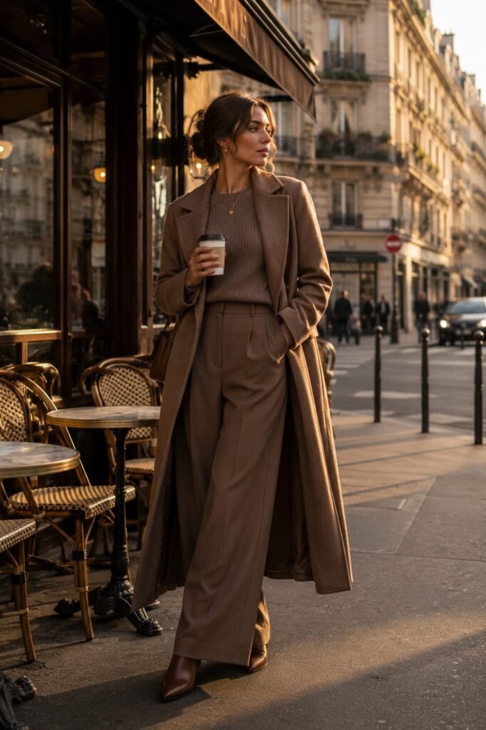 Woman wearing a monochrome mocha outfit showcasing the warm neutral fashion trend in Fashion Trends 2026