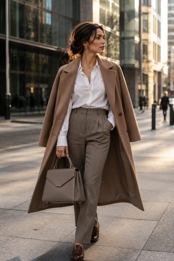 Woman carrying a structured leather handbag showcasing the sculptural handbag trend in Fashion Trends 2026