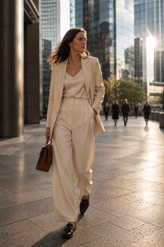 Woman wearing a cream blazer and wide-leg trousers showcasing the soft tailoring trend in Fashion Trends 2026