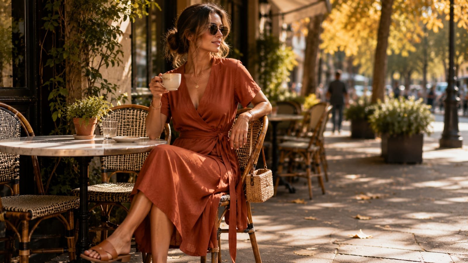 Woman wearing a rust-colored wrap midi dress with tan slide sandals, enjoying coffee at an outdoor café in a chic fall outfit for hot weather.