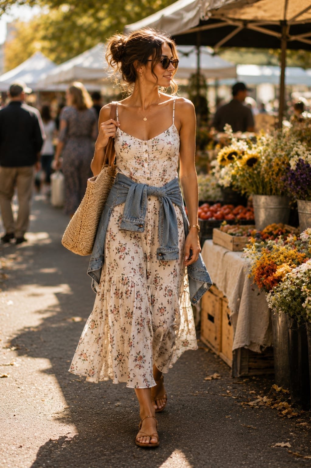 Woman wearing a sundress with a denim jacket tied at the waist as part of fall outfits for hot weather.