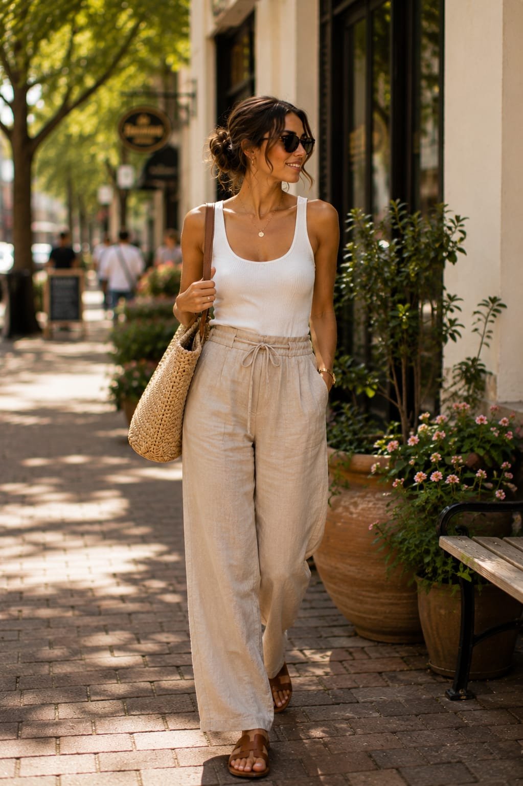 Woman carrying a straw tote with a matching linen set for fall outfits for hot weather