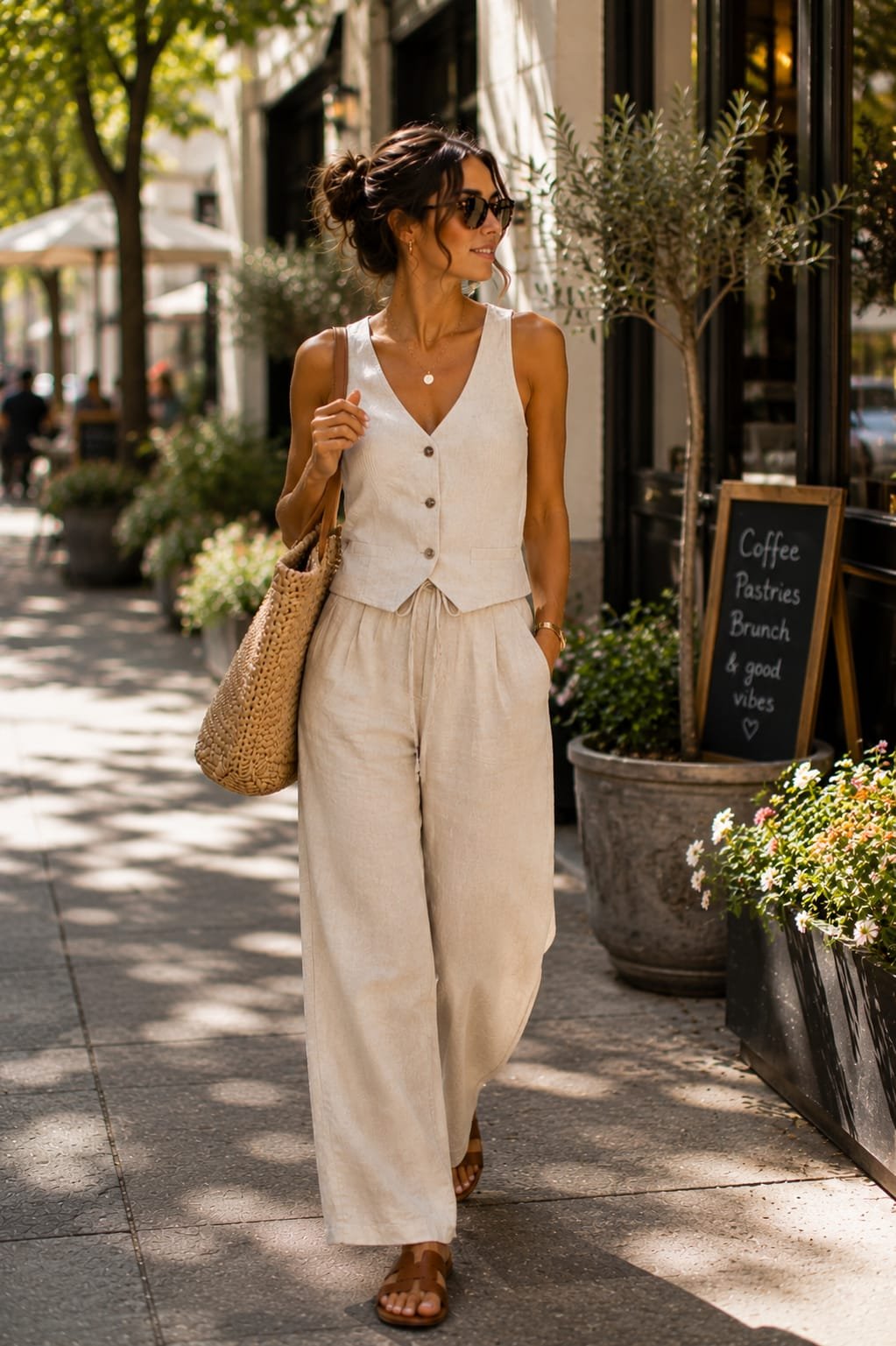 Woman wearing cropped linen trousers with white sneakers for fall outfits for hot weather
