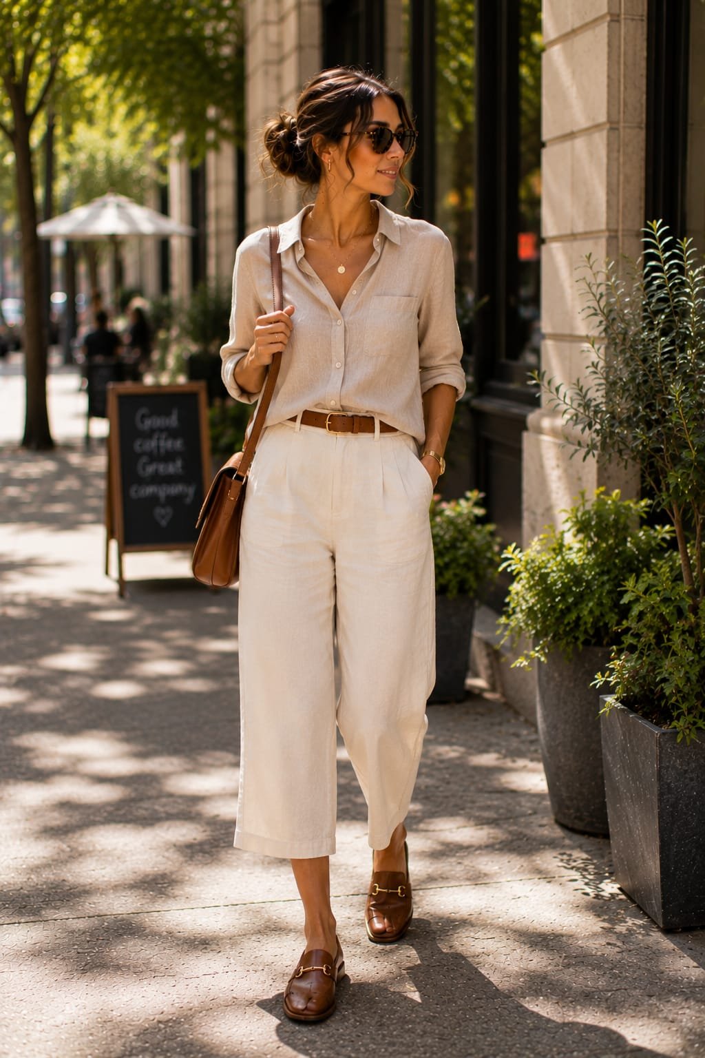 Woman wearing an off-shoulder top with denim shorts for fall outfits for hot weather