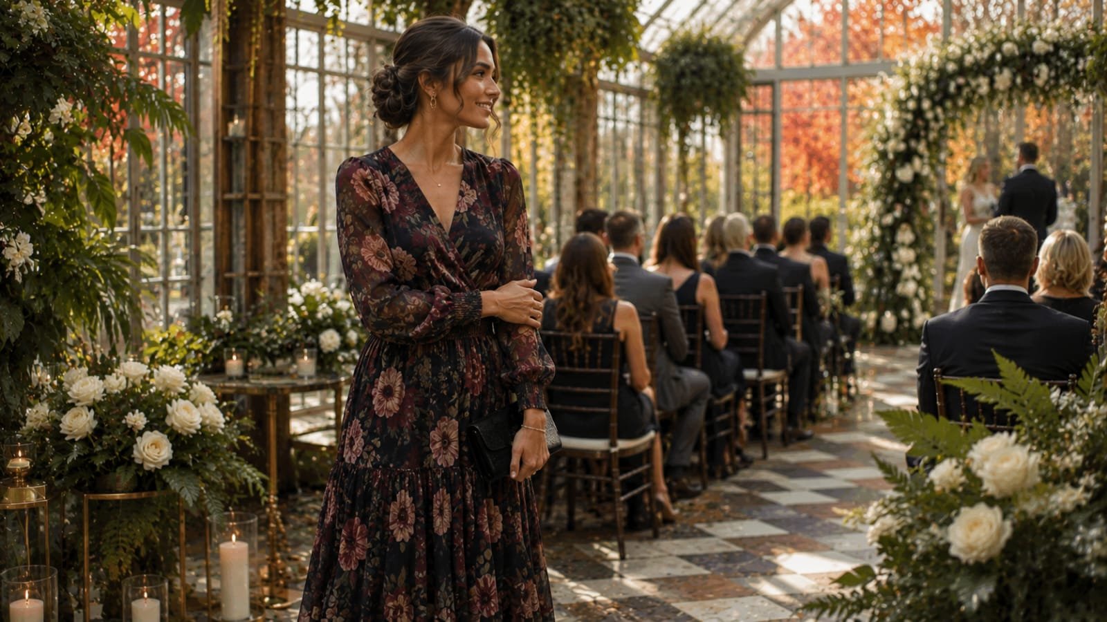 dark floral long sleeve wedding guest dress
