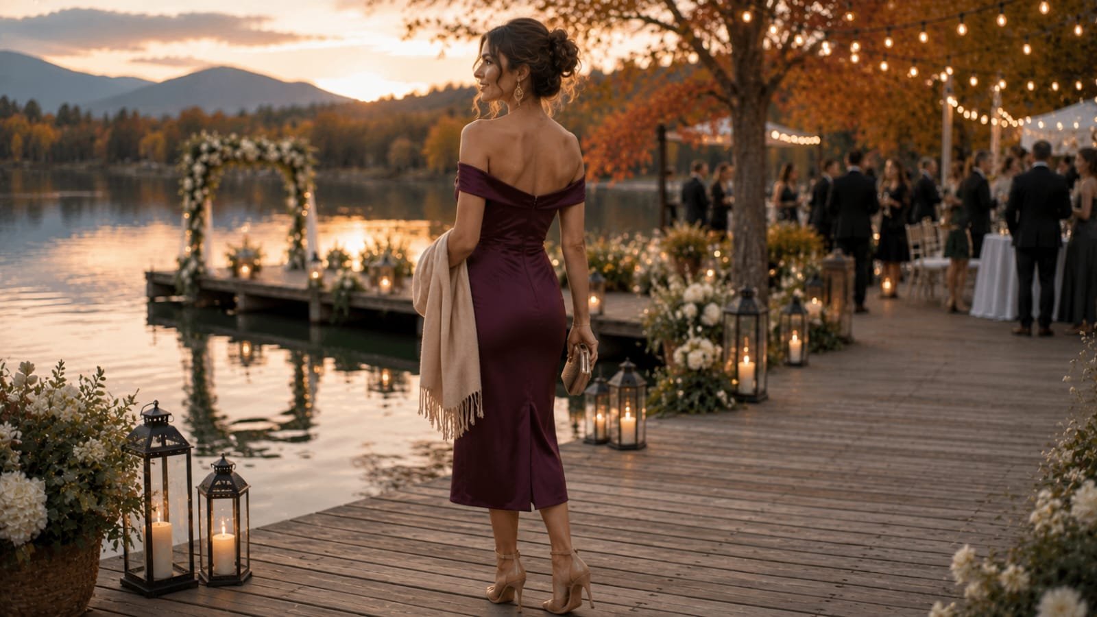 plum off-shoulder wedding guest dress
