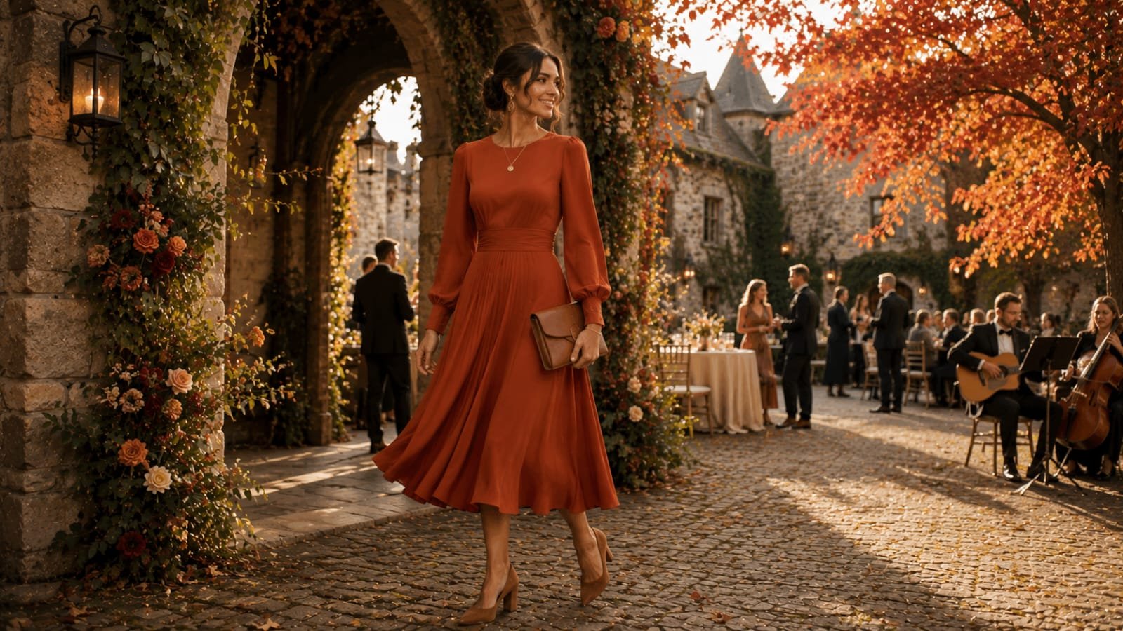 burnt orange a-line wedding guest dress