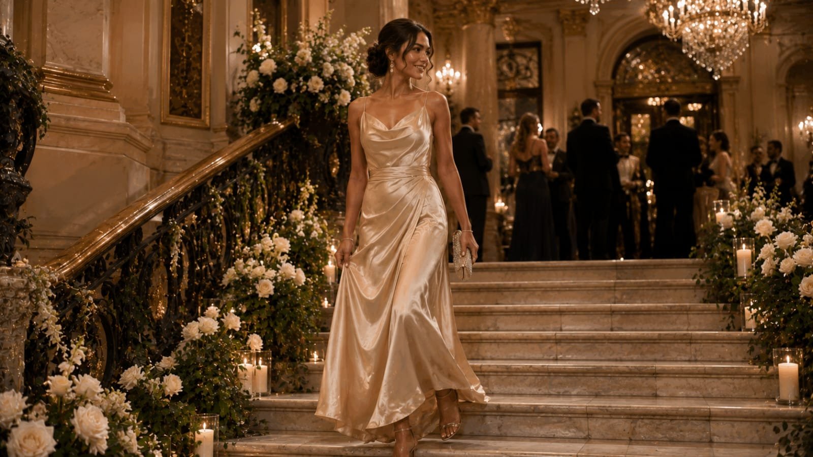 champagne satin maxi wedding guest dress