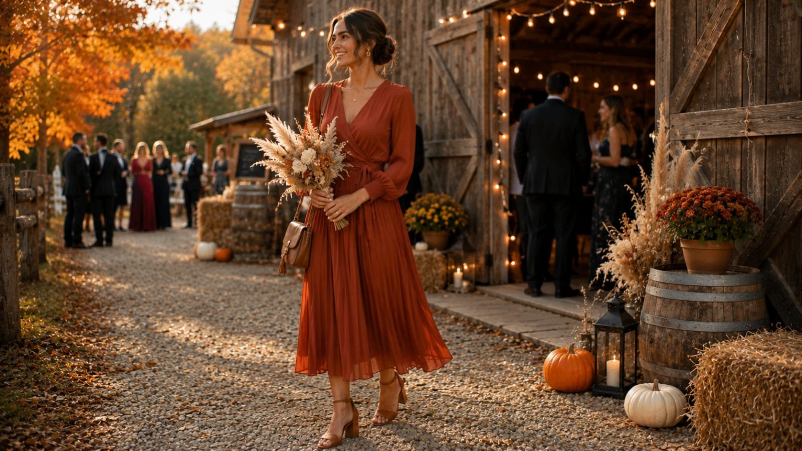 rust pleated fall wedding guest dress