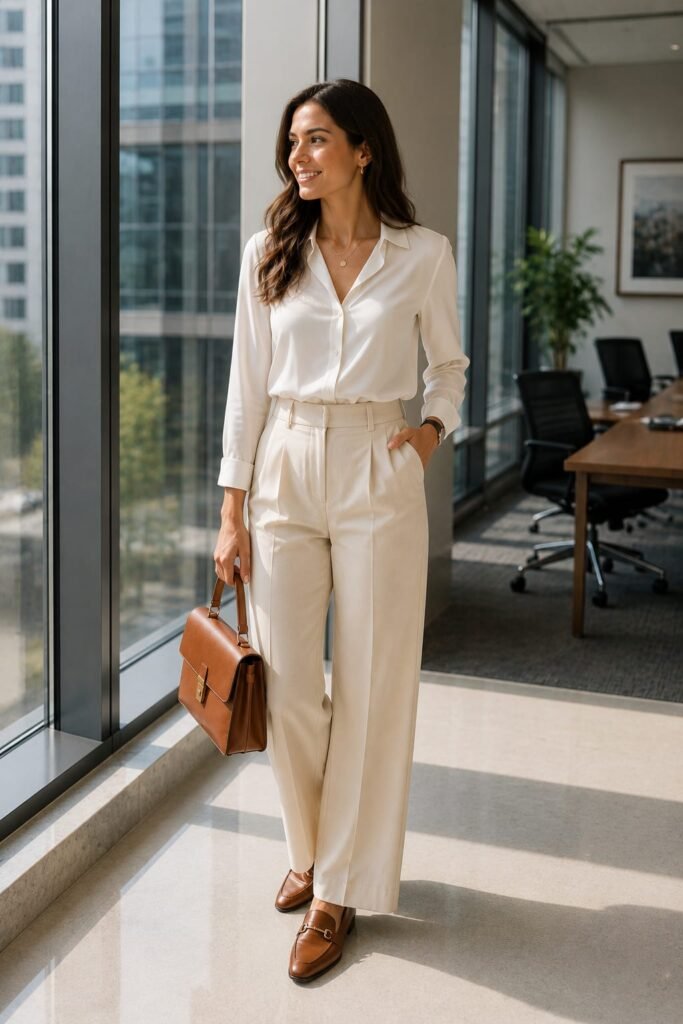 Woman wearing an ivory silk blouse with cream wide-leg trousers, brown loafers, and a leather satchel in a modern office, showing a polished business casual outfit."