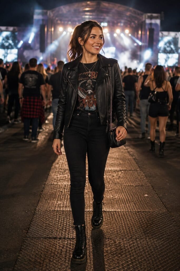 Rock concert outfit with a black leather jacket, vintage band T-shirt, black skinny jeans, combat boots, and a chain crossbody bag.