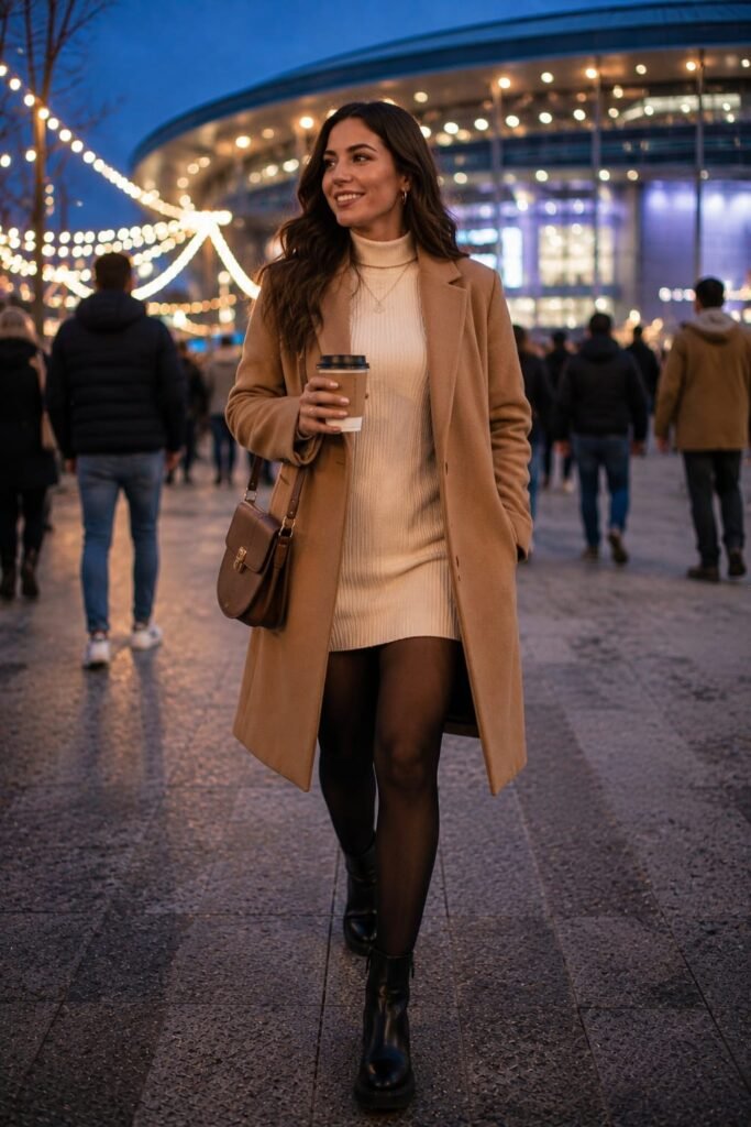 Winter concert outfit featuring a camel wool coat, cream ribbed sweater dress, black tights, black ankle boots, and a brown leather shoulder bag outside a concert venue.