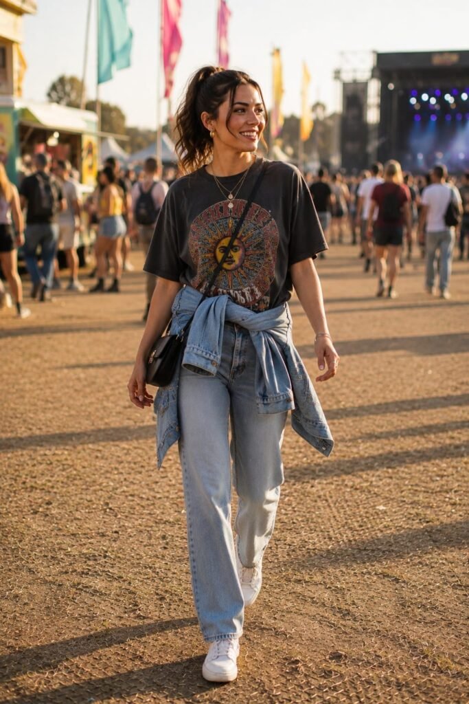 Casual concert outfit with an oversized graphic T-shirt, light blue jeans, white sneakers, and a denim jacket tied around the waist at an outdoor music festival.