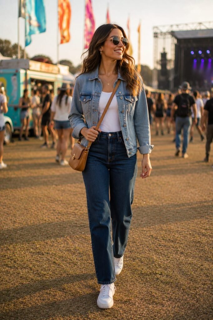 Denim-on-denim concert outfit featuring a light blue denim jacket, white tank top, dark blue jeans, white sneakers, and a tan leather crossbody bag.