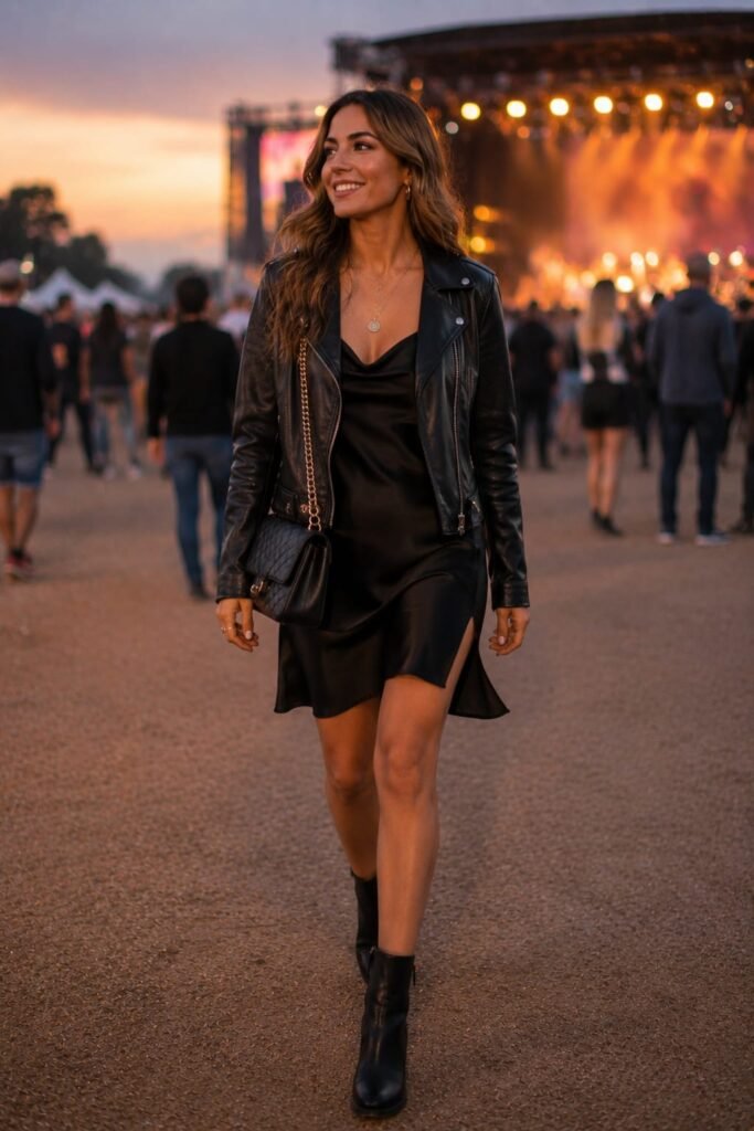 Leather jacket concert outfit featuring a black satin slip dress, black biker jacket, ankle boots, and a quilted crossbody bag at an outdoor concert.