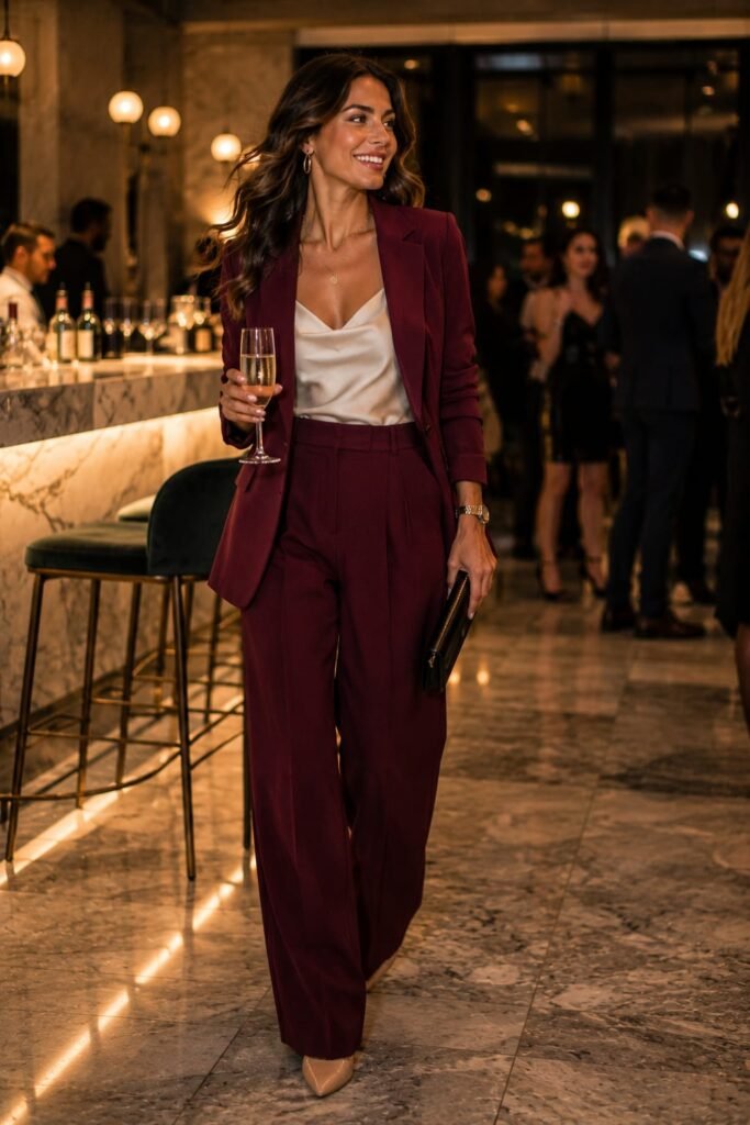 Woman wearing a burgundy power suit with nude pointed heels and a silk camisole for a sophisticated unique birthday outfit.
