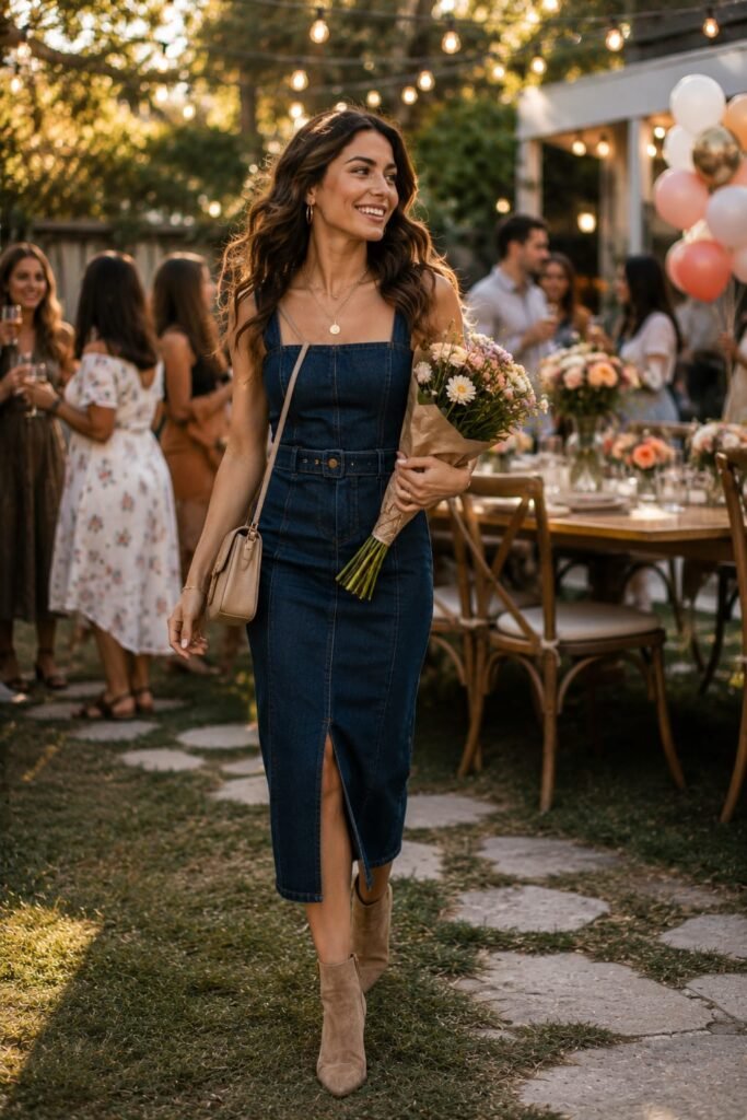 Woman wearing a dark denim midi dress with ankle boots for a casual unique birthday outfit.