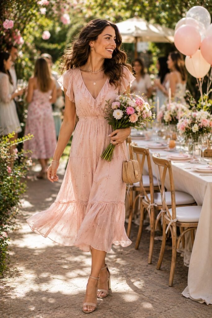 Woman wearing a blush pink chiffon midi dress with nude block heels for a romantic unique birthday outfit.