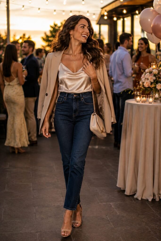 Woman wearing jeans, a satin camisole, nude strappy heels, and a beige blazer for a casual unique birthday outfit.