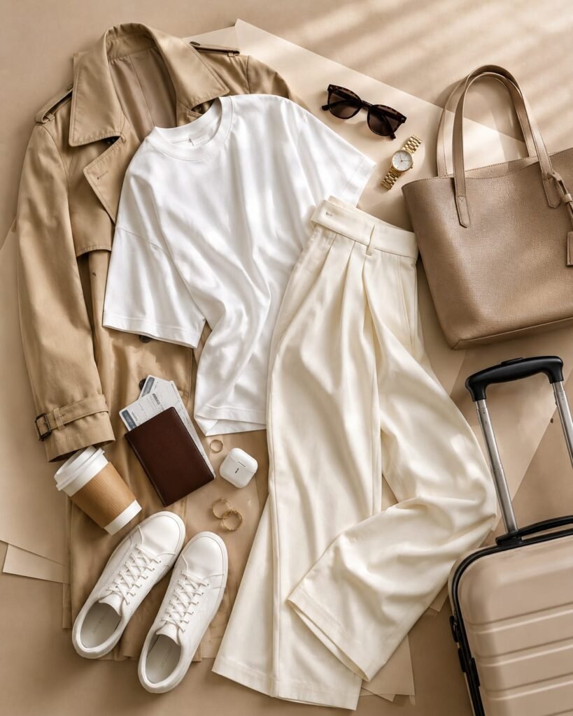 Women's travel day outfit flat lay with beige trench coat, white sneakers, and airport travel essentials."