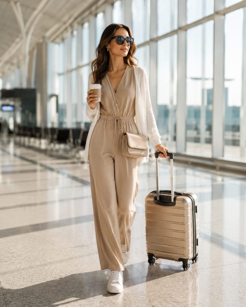 Woman wearing a beige airport jumpsuit with white sneakers and a leather crossbody bag while walking through a modern airport terminal.