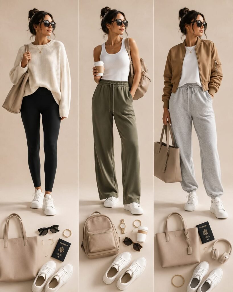 Editorial collage of three women's airport travel outfits featuring leggings, joggers, sweatpants, white sneakers, and neutral travel accessories."
