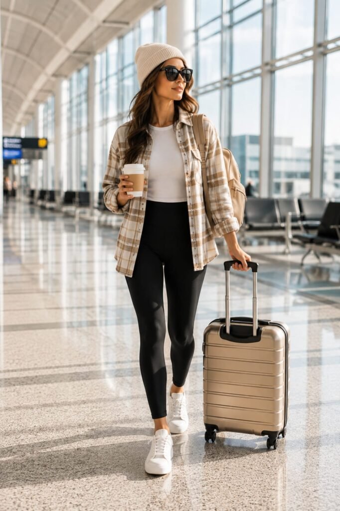 Woman wearing black leggings and an oversized plaid flannel shirt with white sneakers at a modern airport terminal."