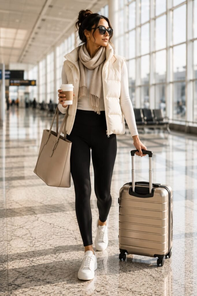 Woman wearing black leggings and an oversized plaid flannel shirt with white sneakers at a modern airport terminal."