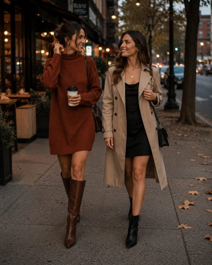 Two women in autumn date night outfits wearing a rust sweater dress and a beige trench coat over a black dress