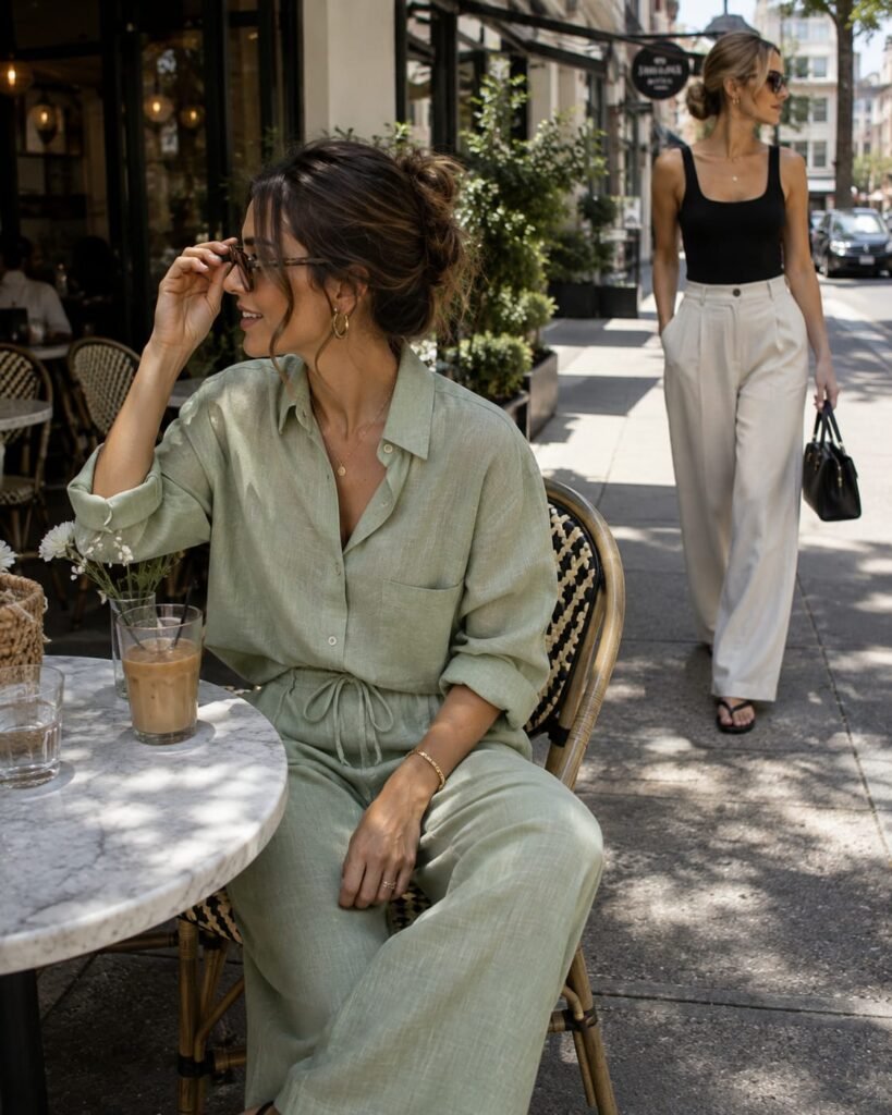 Women wearing a sage green linen set and black bodysuit with cream wide-leg trousers for summer date night