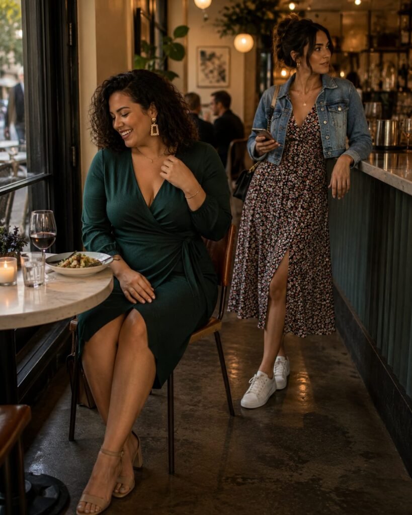 Curvy woman in a green wrap dress and woman in a floral dress with denim jacket for date night