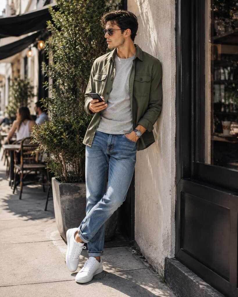 Man wearing an olive overshirt, gray T-shirt, jeans, and white sneakers outside a neighborhood brunch café.