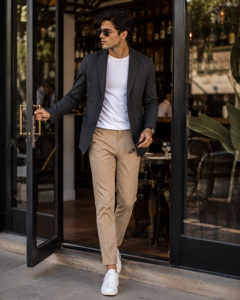 Man wearing a charcoal blazer, white T-shirt, tan chinos, and white sneakers entering an upscale brunch restaurant.