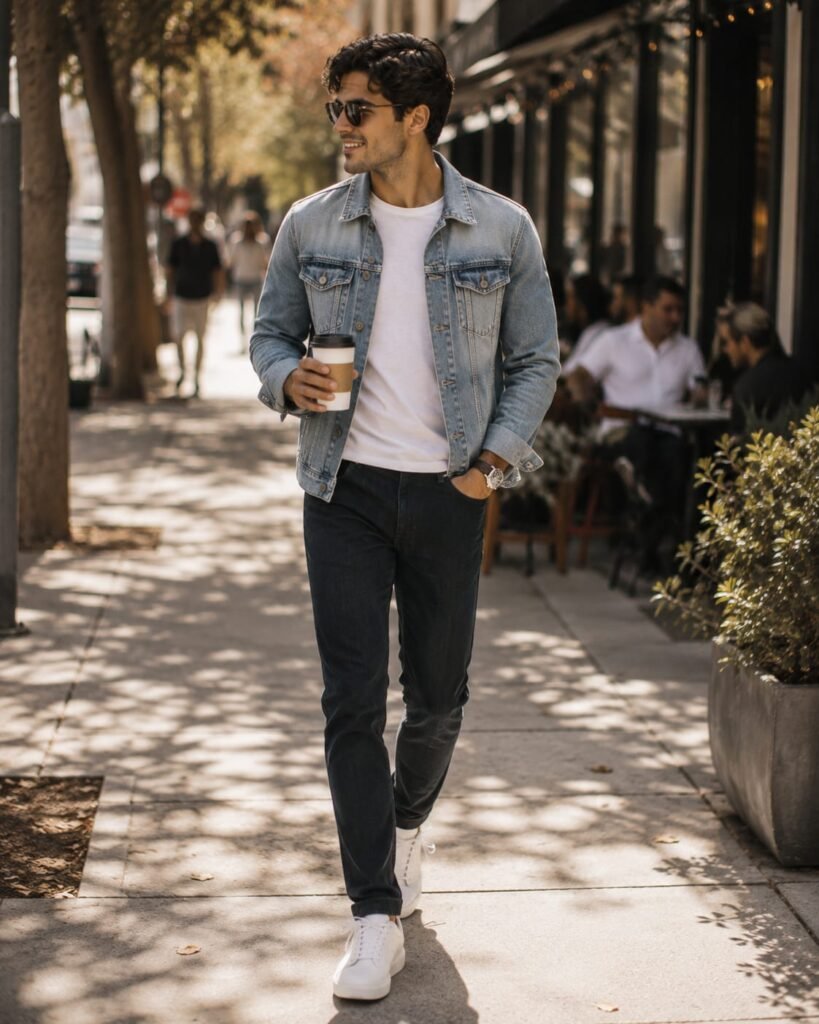 Man wearing a light denim jacket, white T-shirt, dark jeans, and sneakers walking with coffee after brunch.