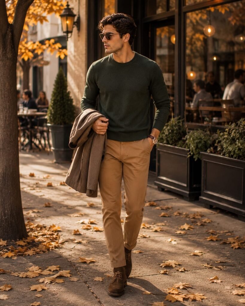 Man wearing a forest green sweater, camel chinos, and brown chukka boots outside a cozy fall brunch café.
