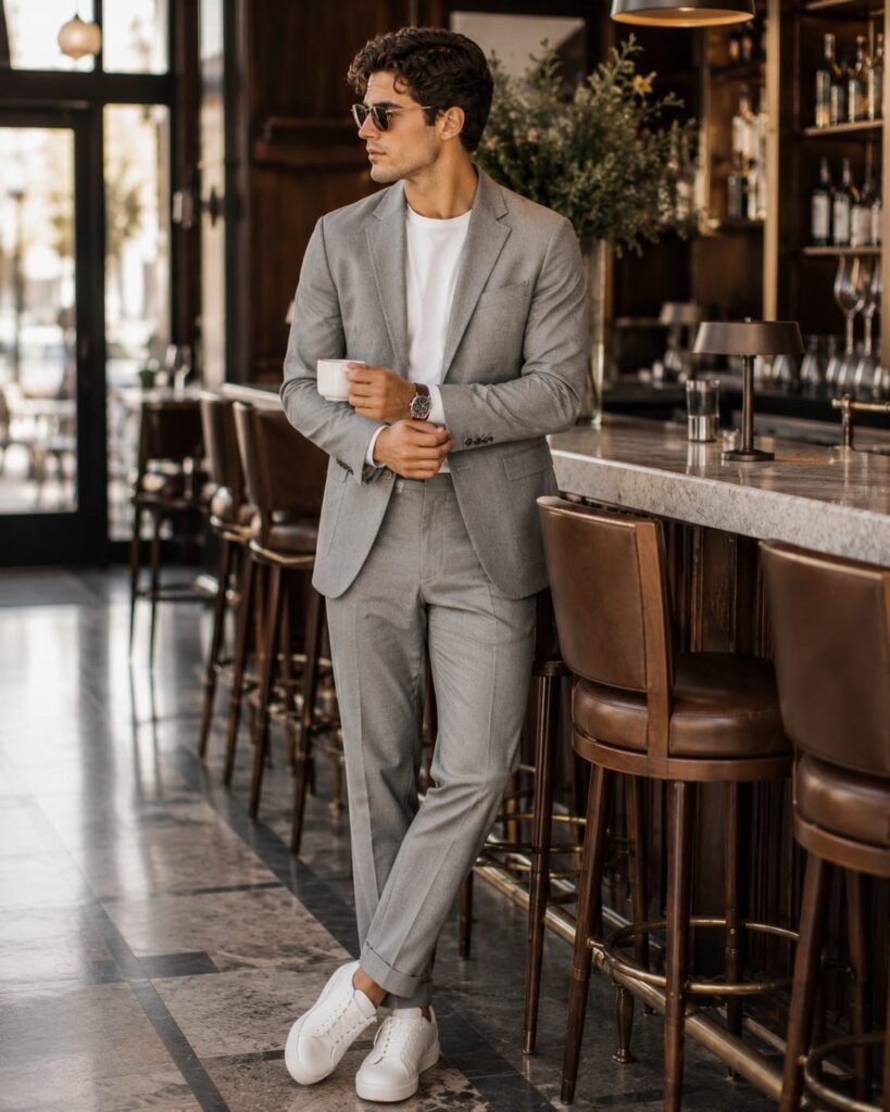 Man wearing a light gray casual suit, white T-shirt, and white sneakers at an upscale brunch restaurant bar.