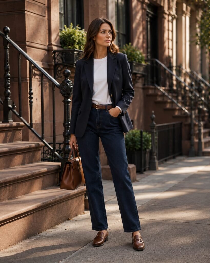 Old money style women wearing navy blazer and dark straight-leg jeans